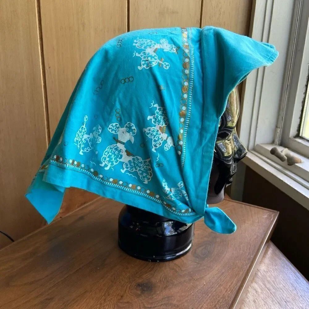 Vintage 50s Billed Blue Poodle Print Headscarf Handkerchief